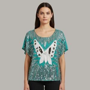Funky People Sequin Butterfly Top Womens Size Medium Teal Scalloped Hem